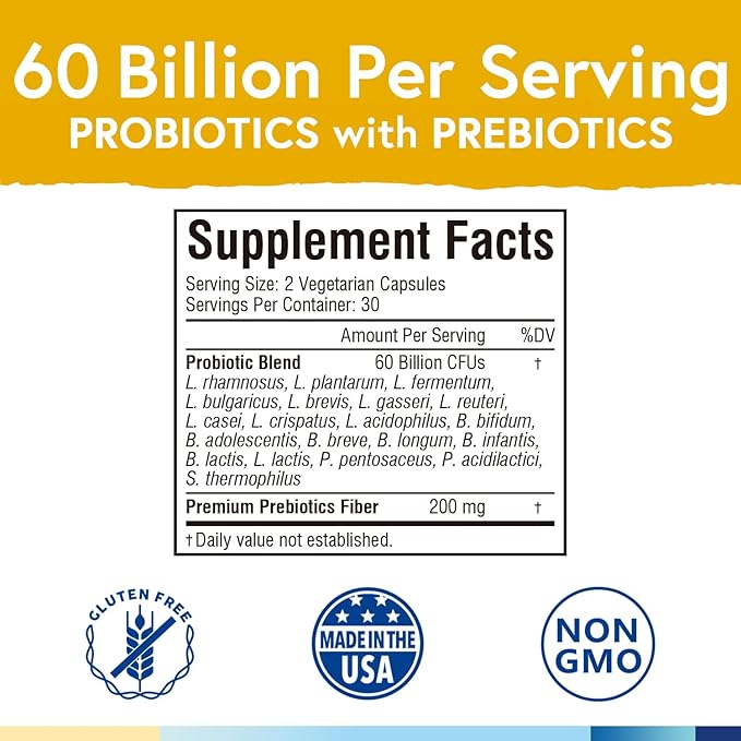Terranics Probiotics 60 Billion CFU, 20 Strains, 60 Veg Capsules, Prebiotics & Probiotics, Shelf Stable Probiotic Supplement for Men & Women, Non-GMO, NO Soy, Dairy & Gluten