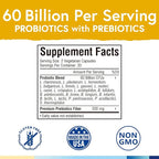 Terranics Probiotics 60 Billion CFU, 20 Strains, 60 Veg Capsules, Prebiotics & Probiotics, Shelf Stable Probiotic Supplement for Men & Women, Non-GMO, NO Soy, Dairy & Gluten