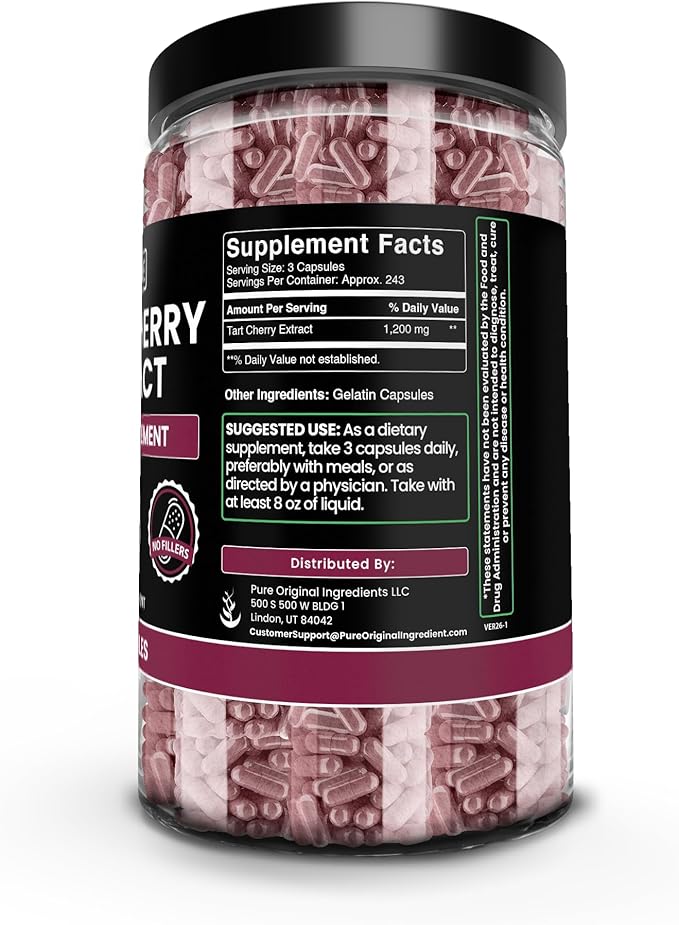 PURE ORIGINAL INGREDIENTS Tart Cherry Extract (730 Capsules) No Magnesium Or Rice Fillers, Always Pure, Lab Verified