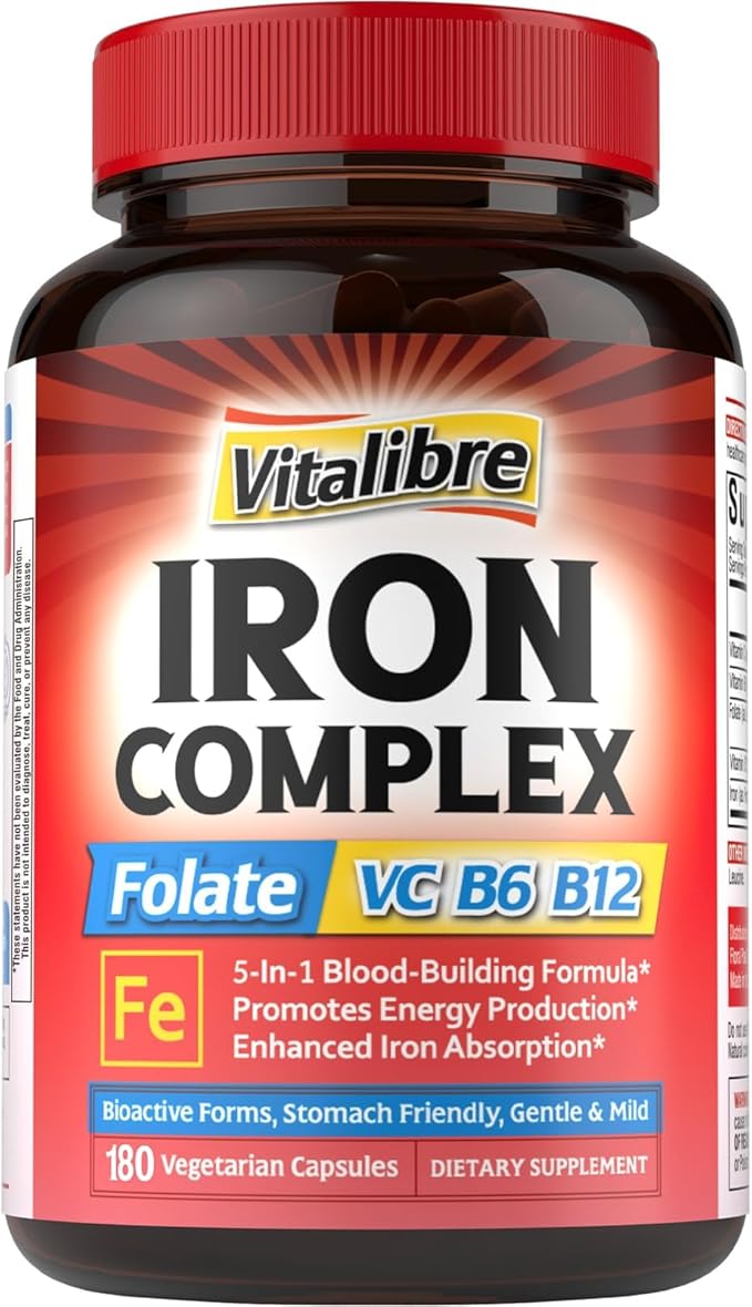 Iron Supplement for Women & Men, with Vitamins C, B6, B12 & Folate for Iron Deficiency, Blood Building & Energy Support, Stomach Friendly, Better Absorption, Non-GMO, No Gluten, 180 Vegan Caps