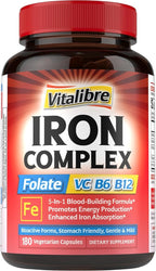 Iron Supplement for Women & Men, with Vitamins C, B6, B12 & Folate for Iron Deficiency, Blood Building & Energy Support, Stomach Friendly, Better Absorption, Non-GMO, No Gluten, 180 Vegan Caps