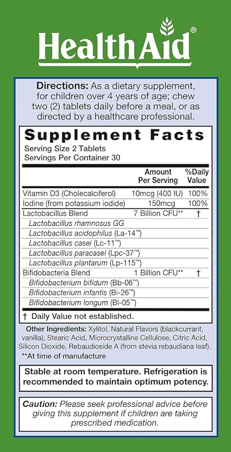 FocusProbio for Kidz, 60 Chewable Tablets, Supports Cognitive Function for Attention and Focus. Blackcurrant and Vanilla Flavor, Contains Vitamin D & Iodine. Acid & Bile Resistant Strains. Vegetarian