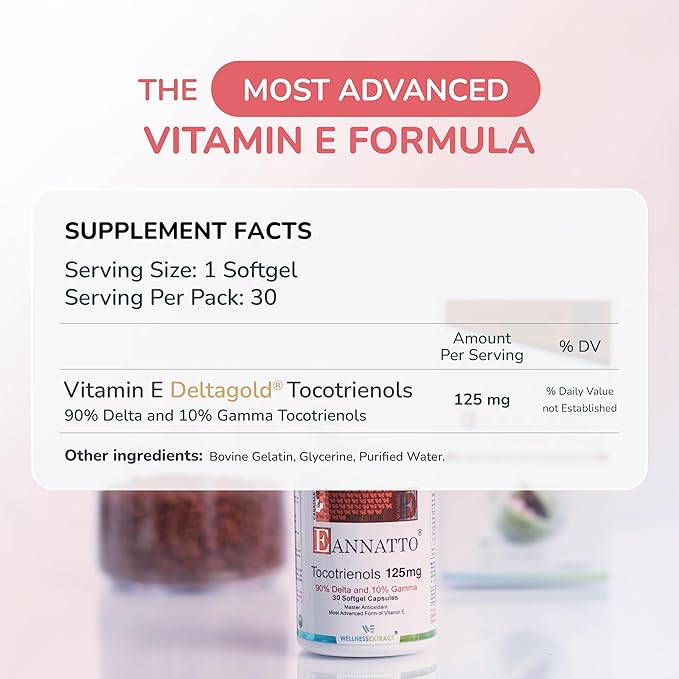 WELLNESS EXTRACT Eannatto Tocotrienols Vitamin E Supplements Tocopherol Free, Non-GMO, Gluten Free & Antioxidant (125MG 30 Softgels)