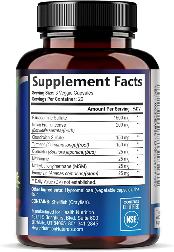Glucosamine Chondroitin MSM Complex - 3X Strength Joint Support Supplement with Glucosamine Sulfate, Turmeric, Boswellia - For Cartilage, Mobility & Flexibility - Bottled in USA - 60 Capsules