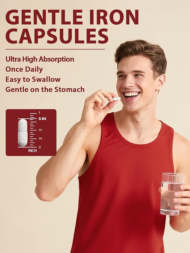 Iron Supplement for Women & Men, 65mg Ferrous Bisglycinate Chelate, Slow Release Iron with Vitamins A C E B6, B12, Folate, Organic Spinach & Beet Root Powder, for Blood Flow & Energy Support, 90 Caps