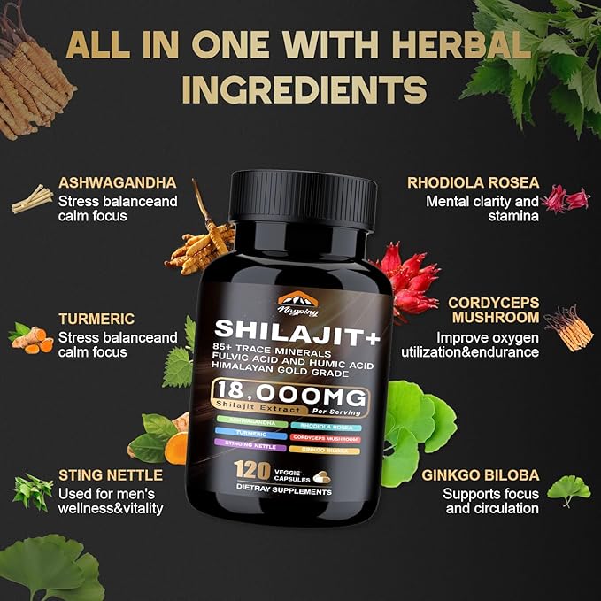 Shilajit Capsules, Himalayan Organic Shilajit for Men and Women, with Ashwagandha Ginseng, Fulvic Acid and More Trace Minerals - 120 Capsules