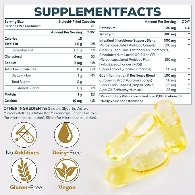Tributyrin Supplement for Gut & Immune 800mg | High Bioavailability with Microencapsulated Probiotics & Prebiotics - Advanced Liquid-Filled Tributyrin Complex, Gluten Free, 90 Capsules
