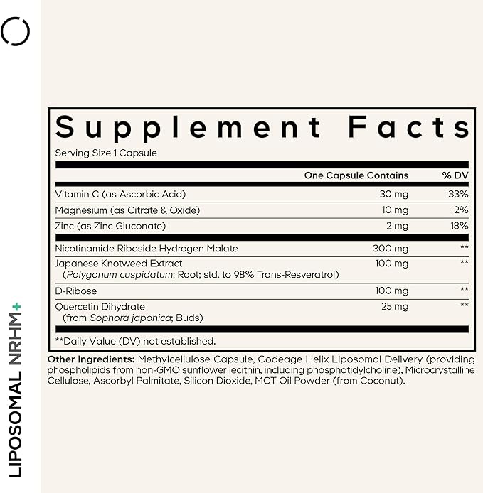Codeage Liposomal NRHM+ Supplement - NRH Hydrogen Malate 300 mg, Resveratrol, D-Ribose & Quercetin - Vitamin C, Magnesium & Zinc - Liposomal Delivery - Non-GMO - 60 Capsules