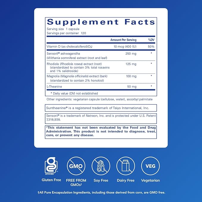 Pure Encapsulations Cortisol Calm - Supports Cortisol Health & Relaxation - Contains Ashwagandha, Magnolia Bark, Rhodiola Rosea & L-Theanine - Restful Sleep* - 120 Capsules
