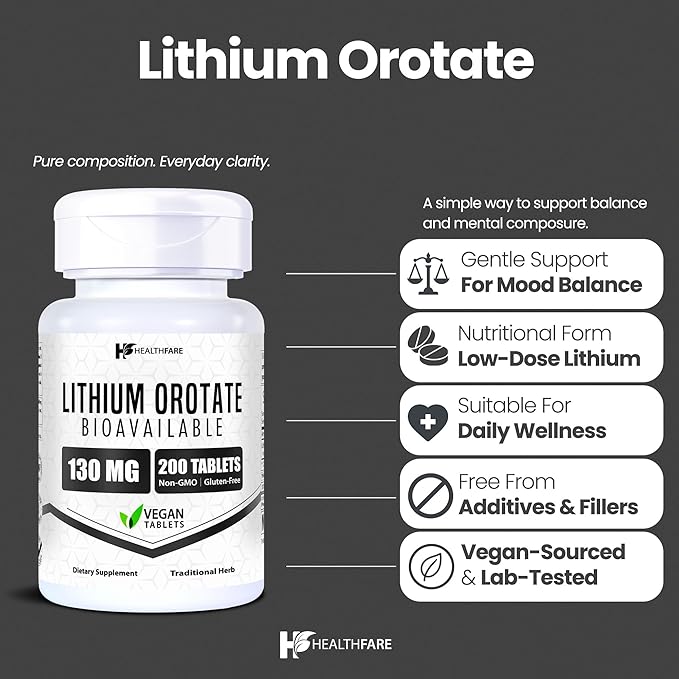 HealthFare Lithium Orotate Supplement 130mg | 200 Vegetarian Tablets | High Bioavailability Trace Mineral | Mood, Brain & Memory Support | Non-GMO, Gluten-Free | Made in USA