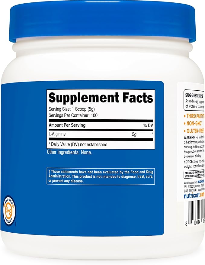 Nutricost L-Arginine Powder 500 Grams (1.1lbs) - Pure L-Arginine Powder - 5000mg Per Serving; 100 Servings