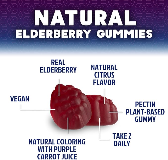 Elderberry Immune Support Gummies - 3X Strength Sambucus Elderberry Gummy with Vitamin C, D3 & Zinc - Nature’s Black Elderberry Extract - Immune Support Supplement for Adults & Kids - 60 Gummies