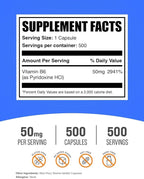 BulkSupplements.com Vitamin B6 Capsules - Pyridoxine HCl, Vitamin B6 50mg - 1 Capsule per Serving, 500 Capsules (Pack of 1)