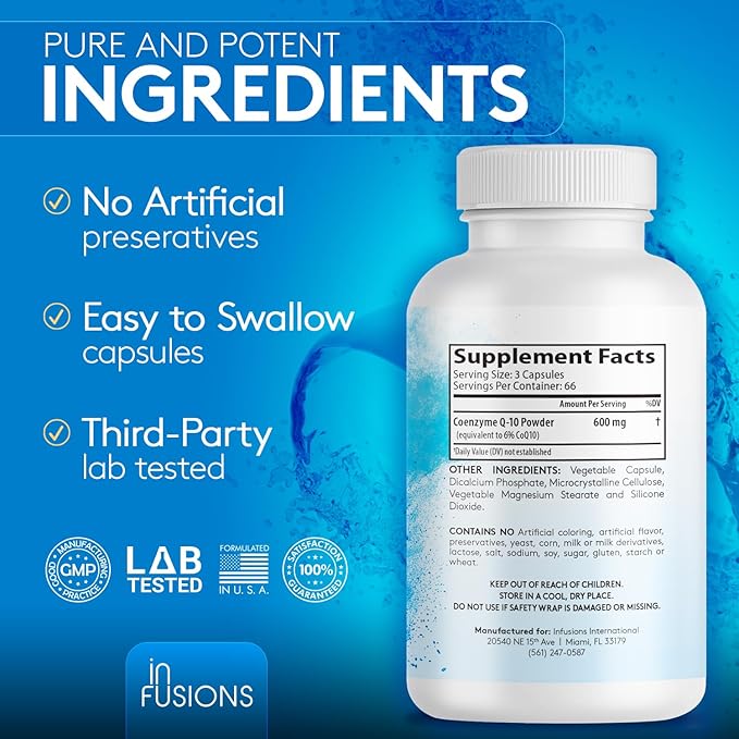 Infusions Maximum Strength Pure CoQ10 600mg 200 Capsules High Absorption Gluten Free Non-GMO