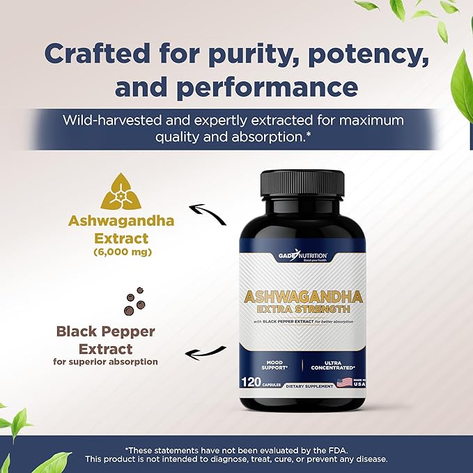 Gade Nutrition Ashwagandha Supplements - Extra Strength, ashwagandha Powder Capsules with Black Pepper, Natural Mood, Focus, and Energy Support Supplement, 120 Veggie Capsules, USA Made (Pack of 2)