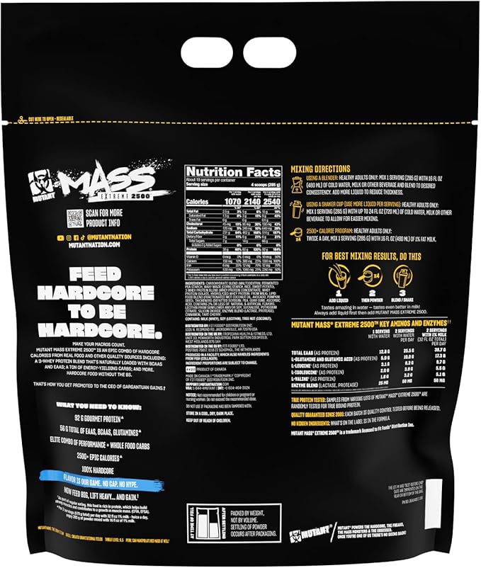 Mutant Mass Extreme 2500 - High Calorie Mass Gainer Whey Protein Powder with Creatine & Amino Acids - Muscle Building & Weight Gain for Hard Gainers - Vanilla Ice Cream 12 lbs