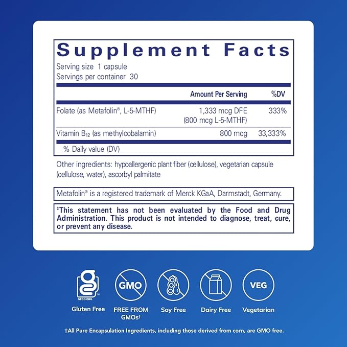 Pure Encapsulations B12 Folate - Energy Supplement to Support Nerves, Energy Metabolism & Cognitive Support* - with Vitamin B Folate as Metafolin - 30 Capsules