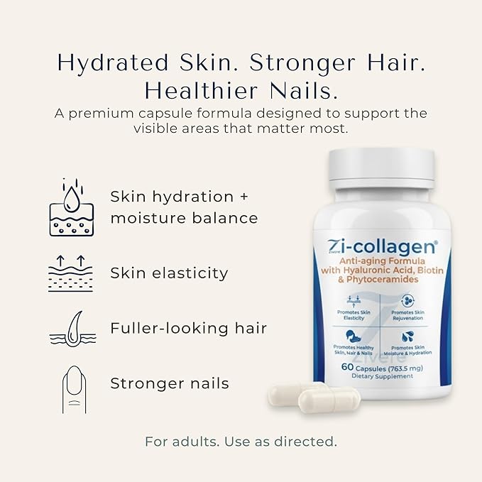 Zi-Collagen Marine Collagen Capsules for Skin, Hair & Nails – Collagen Supplement with Phytoceramides, Hyaluronic Acid, Biotin & Vitamins A C D3 E – 60 Capsules