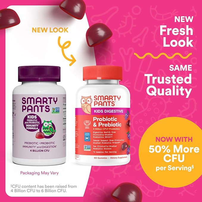 SmartyPants Kids Probiotic & Prebiotic Gummies for Digestive Health: Gut Health Supplement,Clinically Studied Prebiotic for Immune Support,Grape,(30 Day Supply),60 Count (Pack of 2)