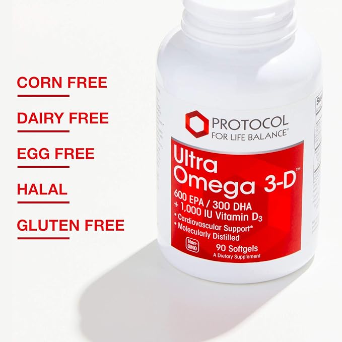 PROTOCOL FOR LIFE BALANCE Ultra Omega 3-D - 600mg EPA, 300mg DHA & 1,000 IU Vitamin D3 - Fish Oil for Brain Support - EPA DHA Omega Supplement - Non-GMO & Halal - 90 Softgels