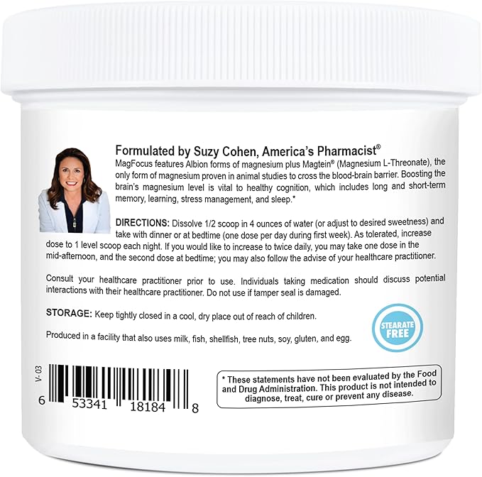 Suzy Cohen MagFocus Magnesium L-Threonate Powder with Magtein (Mixed Berry) Plus Magnesium Glycinate for Wellness, Focus, and Cognition - Gluten-Free, Non-GMO, Vegetarian (60 Servings)