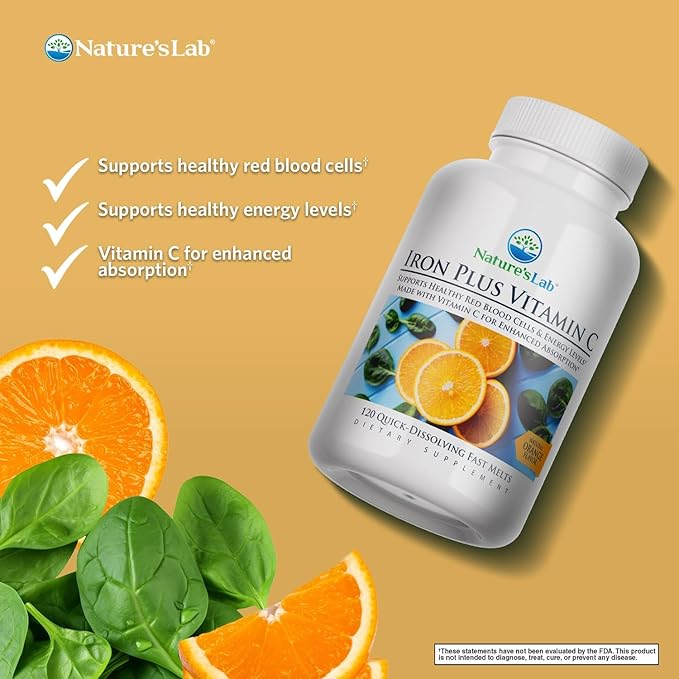 Nature's Lab Iron Plus Vitamin C Fast Melt Tablets - Gentle on The Stomach Carbonyl Iron, High Absorption for Healthy Red Blood Cells* - 120 Tablets