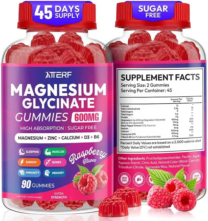 Magnesium Glycinate Gummies 600mg, Sugar Free Magnesium Gummy for Women, Men & Kids, High Absorption Magnesium Supplement for Muscle, Brain Support and Relaxation, Vegan, Non-GMO, 90 Count