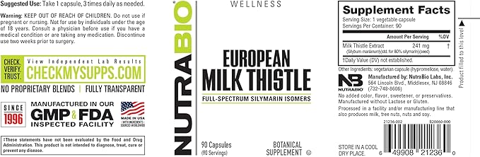 NutraBio European Milk Thistle Supplement, 241mg - Supports Antioxidant Benefits and Wellness, 90 Capsules, 80% Silymarin Extract, Herbal Supplement