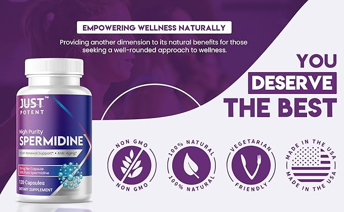 Just Potent High Purity (99%) Spermidine Supplement | 120 Capsules, 4 Months of Supply, 10mg per Capsule | Cell Renewal Support and Anti-Aging