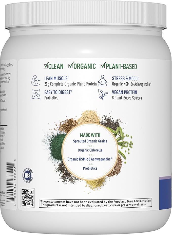 Garden of Life - Functional Protein Stress Relief - 20g Organic Sprouted & Fermented Protein Blend - Blueberry Muffin, Mood Blend for Stress Management, Ashwagandha KSM-66, Vegan - About 14 Servings