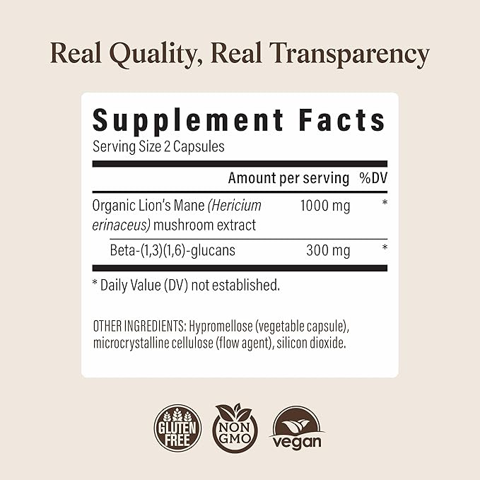 Real Mushrooms Lions Mane Mushroom Cognition (120 Capsules) Lions Mane Mushroom Powder Extract Capsules | Brain Supplement, Brain Vitamins, Focus Supplement