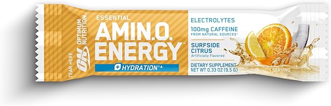 Optimum Nutrition Amino Energy Plus Hydration Packets, On-The-Go Caffiene Stick Packs, Surfside Citrus, 25 Count