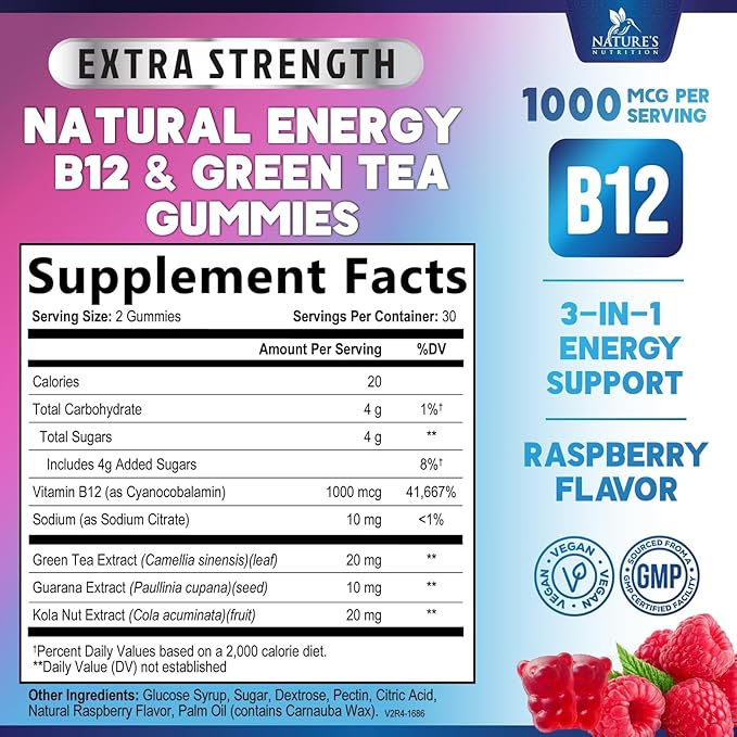 Energy Gummies - Vitamin B12 1000 mcg Per Serving - Daily Energy Gummy with Natural Caffeine from Green Tea, Berry Flavor B12 Chewable Exercise Supplement for Running Cycling & Sports - 60 Gummies