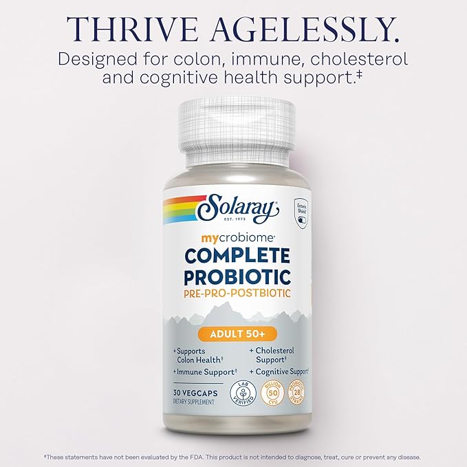 SOLARAY Mycrobiome Complete Probiotic Adult 50 Plus - Pre and Probiotics for Women and Men Plus Postbiotic - 50 Billion CFU, 28 Strains - Vegan - 30 Servings, 30 VegCaps
