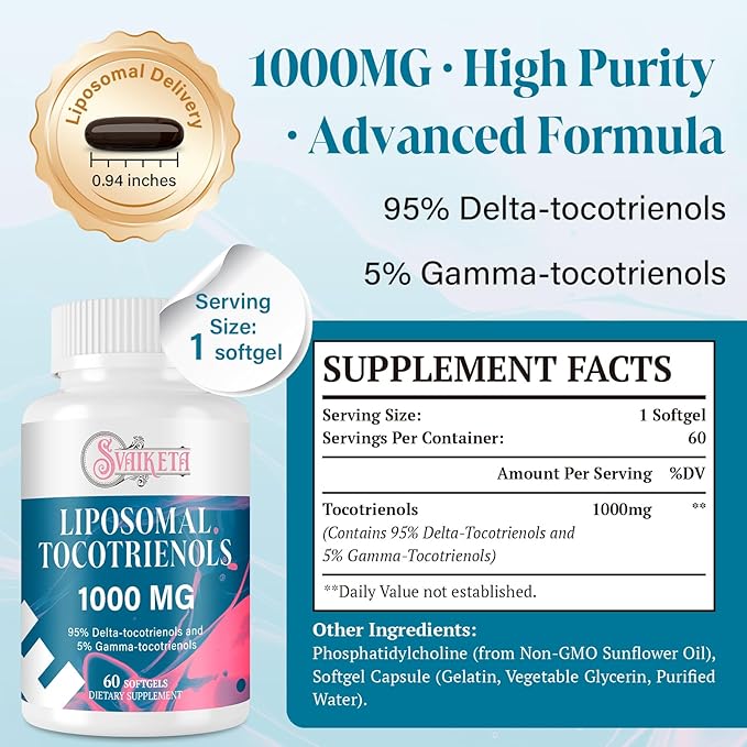 Liposomal Tocotrienols 1000mg – High Absorption Vitamin E Tocotrienols Supplement with 95% Delta & 5% Gamma – 60 Softgels