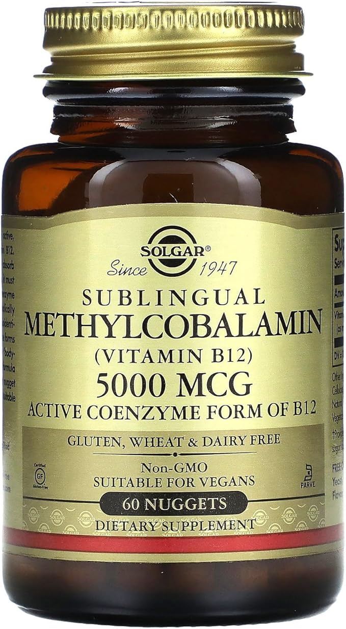 Solgar Methylcobalamin (Vitamin B12) 5000 mcg, 60 Nuggets - Cherry Flavor - Supports Energy Metabolism - Body-Ready, Active Form - Non-GMO, Vegan, Gluten Free - 60 Servings