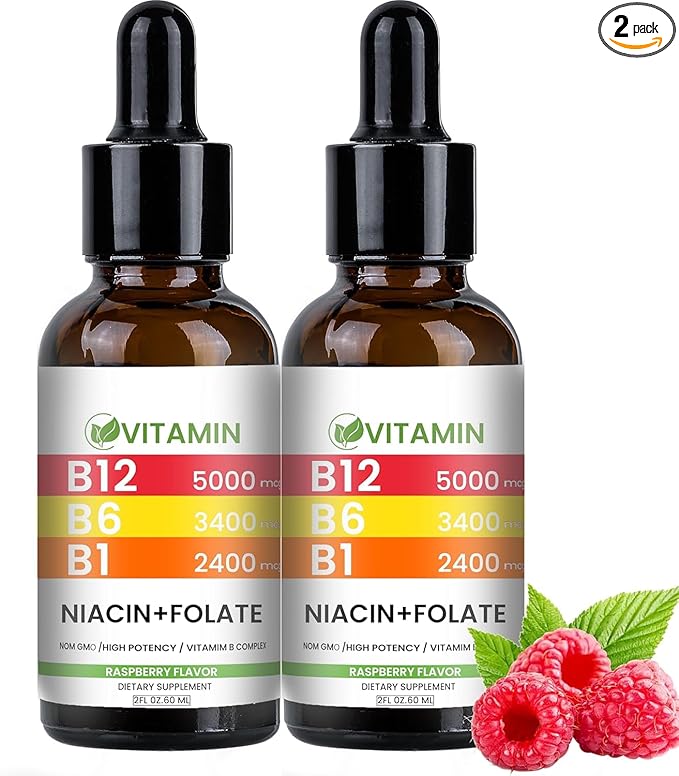 Vitamin B12 and B6 Liquid Drops, B12 Sublingual Vitamin B Complex - B 12 Vitamin 5000mcg - B12 Methylcobalamin for Energy, Brain, and Heart Support with, Raspberry, 80 Servings
