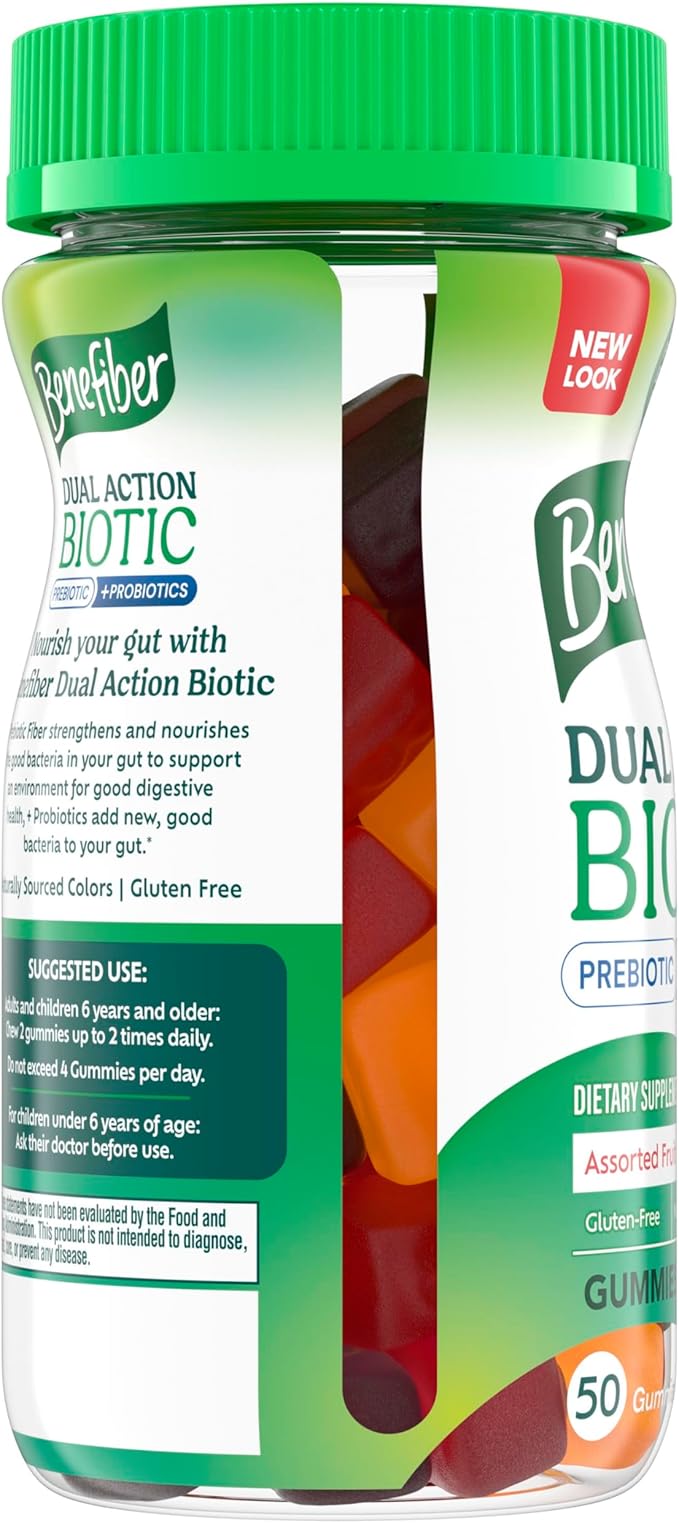 Benefiber Prebiotic GLP-1 Friendly Fiber Supplement Gummies with Probiotics for Digestive Health, Assorted Fruit Flavors - 50 Count