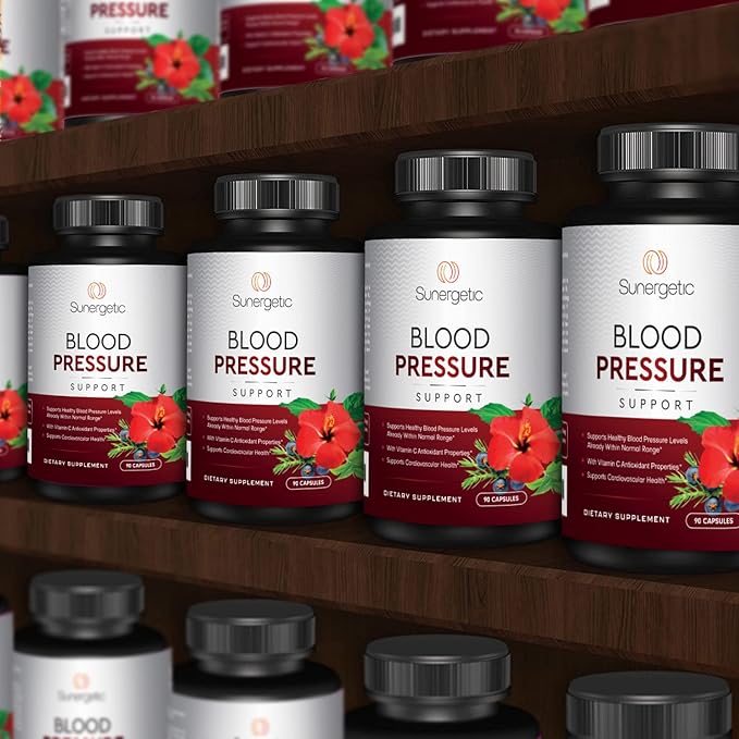 Sunergetic Premium Blood Pressure Support Supplement for Cardiovascular & Heart Health with Garlic, Hawthorn & Hibiscus (90 Capsules)