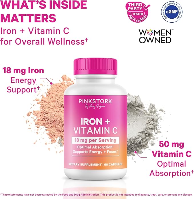 Pink Stork Iron for Women – 18 mg Non-Constipating Iron Bisglycinate + Vitamin C for Optimal Absorption – Energy, Focus, & Oxygen Supply – PMS, Pregnancy, Postpartum & Perimenopause - 60 Capsules