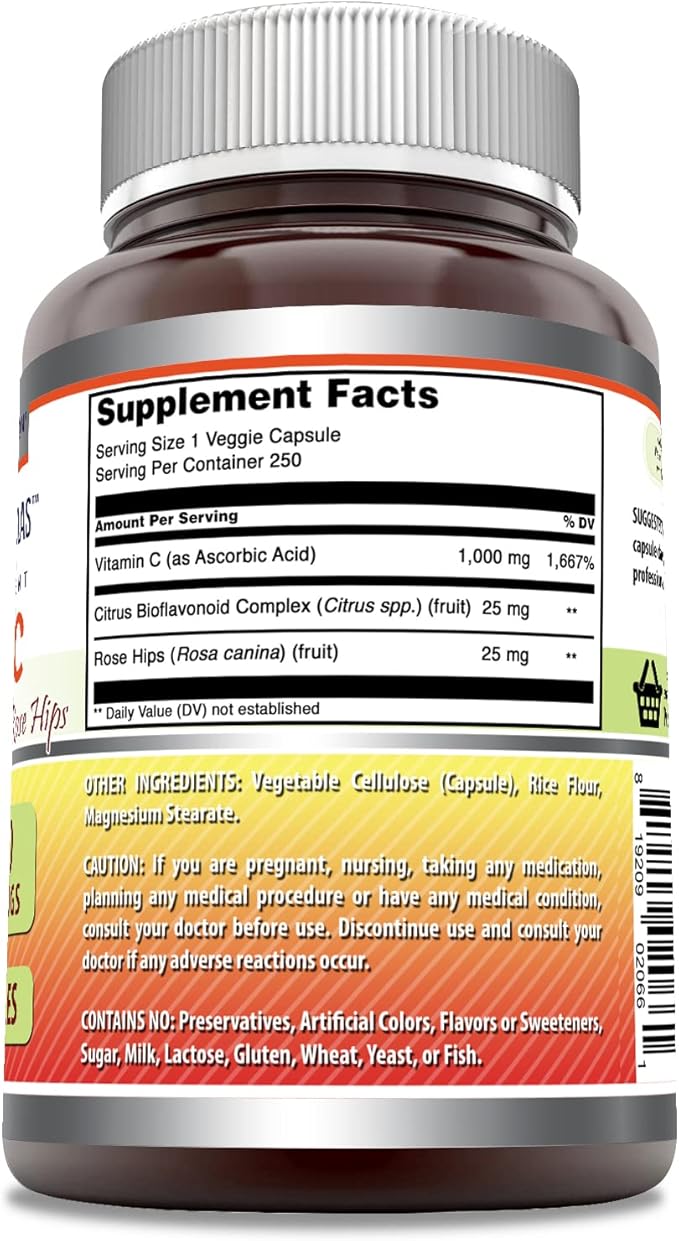 Amazing Formulas Vitamin C with Rose Hips & Citrus Bioflavonoids | 1000 Mg per Serving Supplement | 250 Veggie Capsules | Non-GMO | Gluten-Free | Made in USA