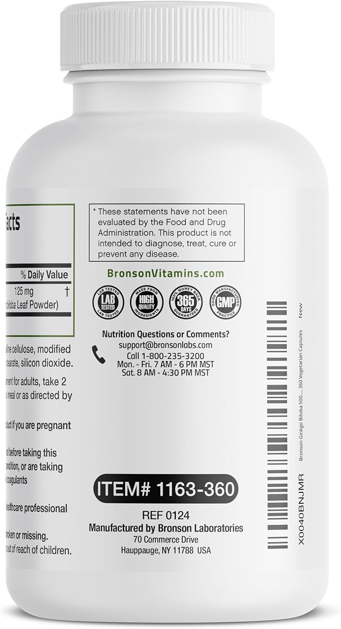 Bronson Ginkgo Biloba Extra Strength Supports Brain Function & Memory Support, 360 Vegetarian Capsules