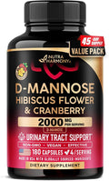 NUTRAHARMONY D-Mannose 2000mg with Cranberry & Hibiscus - Clinically Tested Strength for Urinary Tract Health - Supplement for Women - Bladder, Liver & Microflora Support - Vegan, 180 Capsules