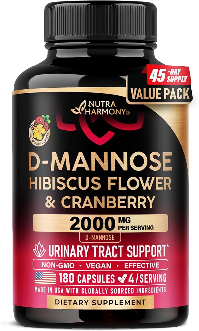 NUTRAHARMONY D-Mannose 2000mg with Cranberry & Hibiscus - Clinically Tested Strength for Urinary Tract Health - Supplement for Women - Bladder, Liver & Microflora Support - Vegan, 180 Capsules
