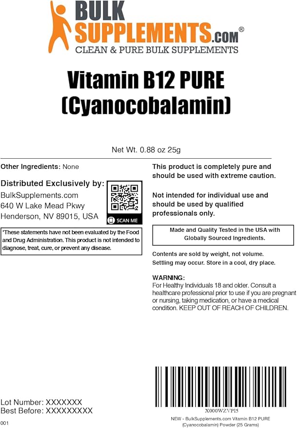 BulkSupplements.com Pure Vitamin B12 Powder - as Cyanocobalamin, Vitamin B Supplements, Cyanocobalamin B12 Supplement - Pure Product, Multiple Servings, 25g (0.88 oz) (Pack of 1)