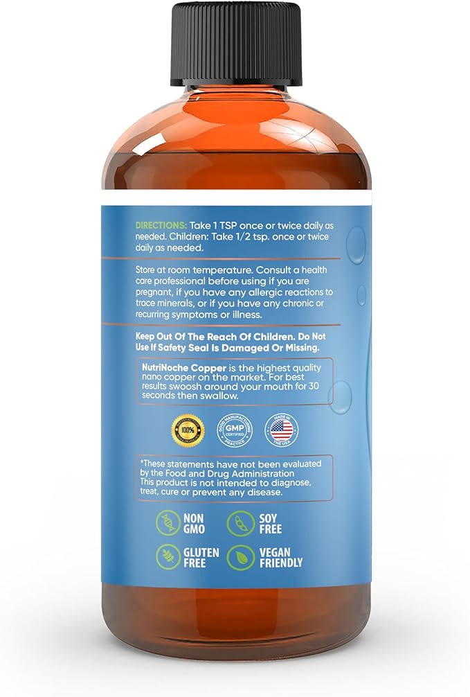 NutriNoche Liquid Colloidal Copper Supplement | 99.99% Ultra Pure Crystalline Nano Copper Particles | 30 ppm