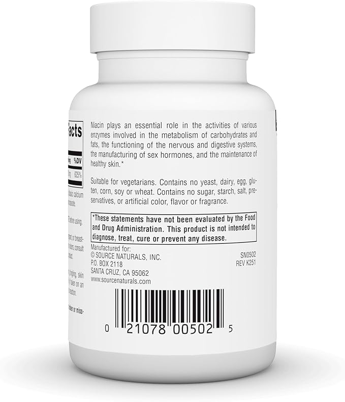 Source Naturals Niacin, Vitamin B-3, Non-GMO, 100 mg - 250 Tablets