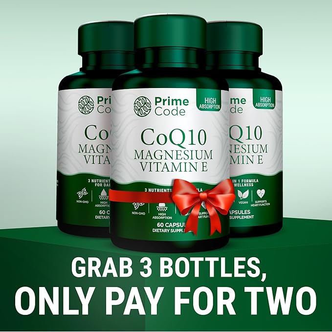 Prime Code [ 3 𝐢𝐧 𝟏] CoQ10 250mg with Magnesium Glycinate and Vitamin E | CoQ10 Capsules 250mg | Magnesium Glycinate 200mg | Vitamin E 15mg | Non-GMO | Gluten & Soy Free | Vegan