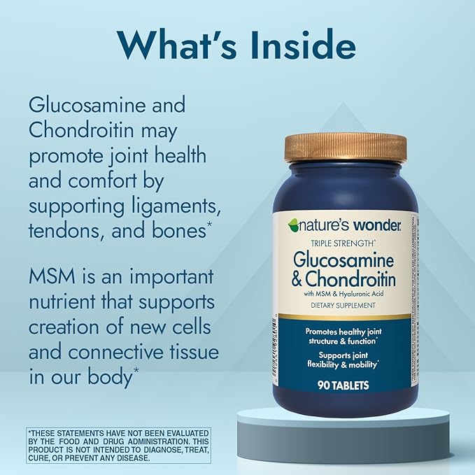 Nature's Wonder Triple Strength Glucosamine Chondroitin with MSM and Hyaluronic Acid and Boswellia for Joint Health, Supports Joint Flexibility and Mobility, 45 Day Supply, 90 Tablets (Pack of 2)