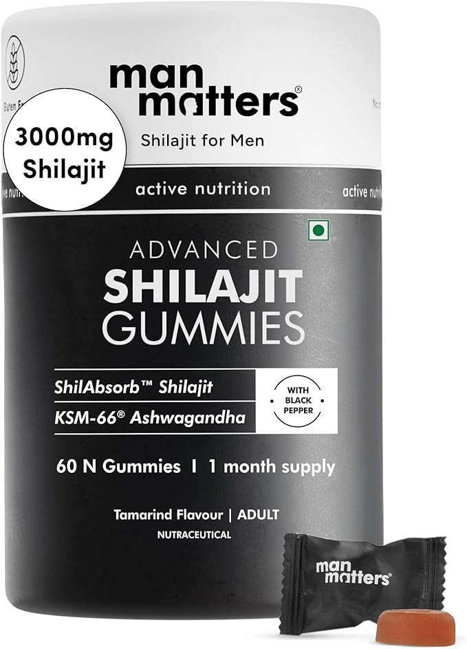 Man Matters Himalayan Shilajit Gummies 3000mg | Lab Tested | No Added Sugar | Ashwagandha, Gokshura | 75% + Fulvic Acid & 85+ Trace Minerals | Shilajit for Men | Non-GMO | 100% Natural | 60 Gummies